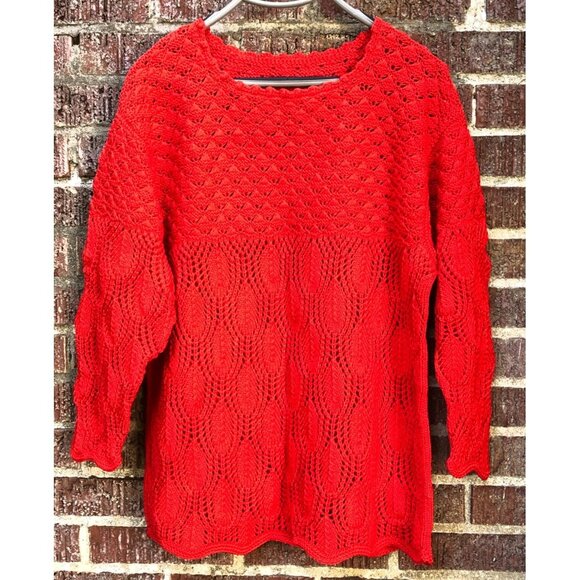 Handmade Sweaters - Vtg NOS Bright Orangish Red Hand Knit Cotton Sweater Intricate Patterns Sz XL